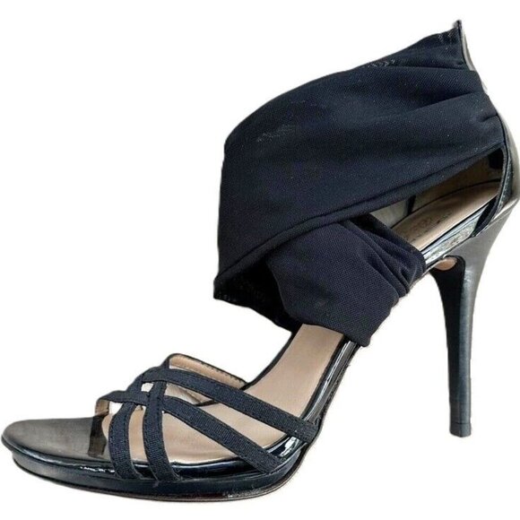 Donald J Pliner Mercy Black Patent Strappy Zip Fabric Ankle Wrap Heels Women 6.5 - Picture 2 of 10